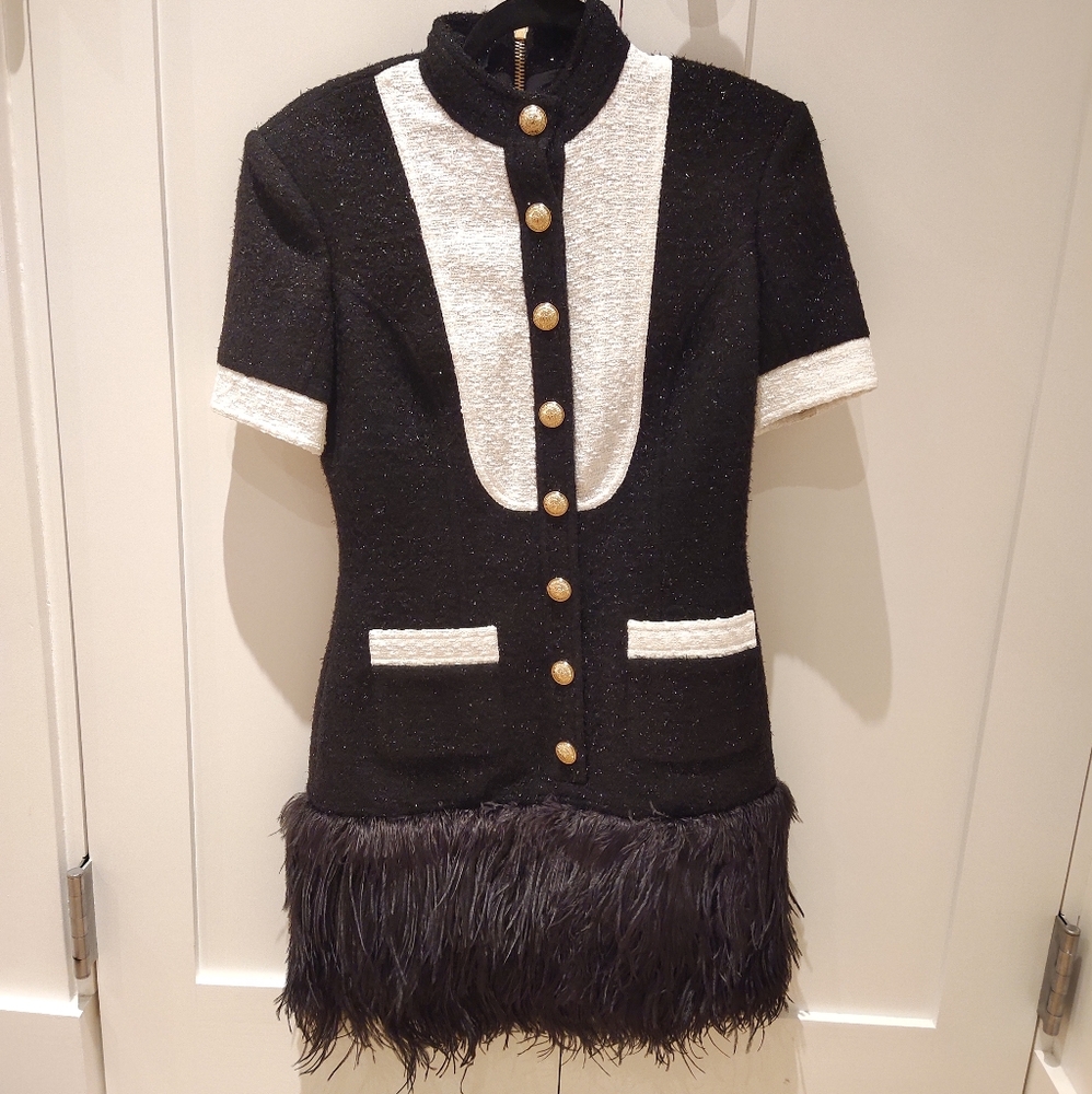 NWT Balmain Women's Black Feather Hem Tweed Dress 38 Retail $3800 - Picture 5 of 11